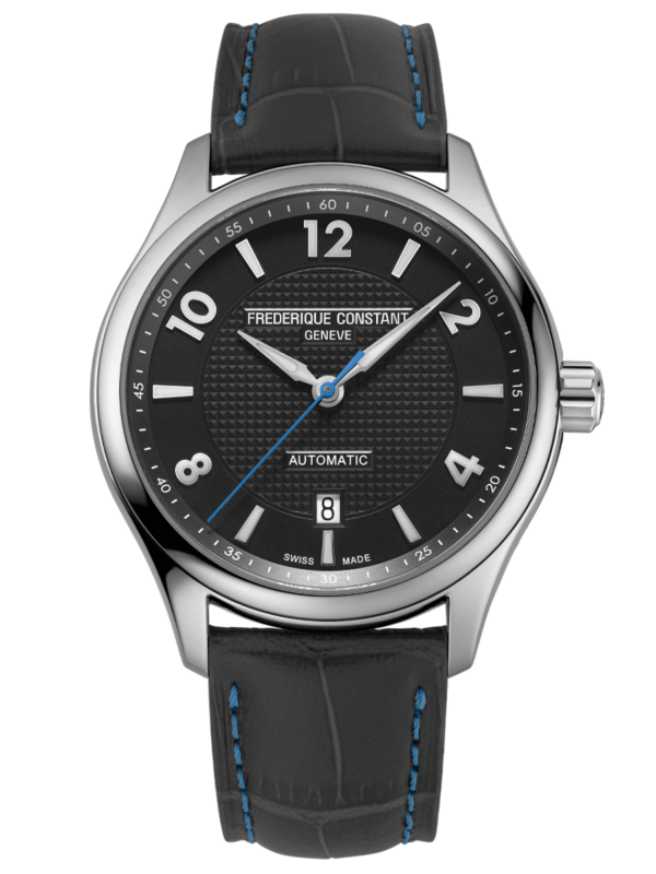 Runabout Automatic watch for man. Automatic movement, black dial with clous de Paris guilloché in the center, stainless-steel case and dark blue-grey leather strap with blue stitching
