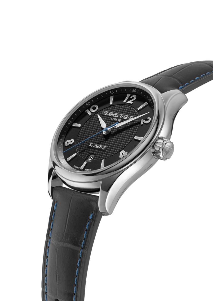  Runabout Automatic watch for man. Automatic movement, black dial with clous de Paris guilloché in the center, stainless-steel case and dark blue-grey leather strap with blue stitching