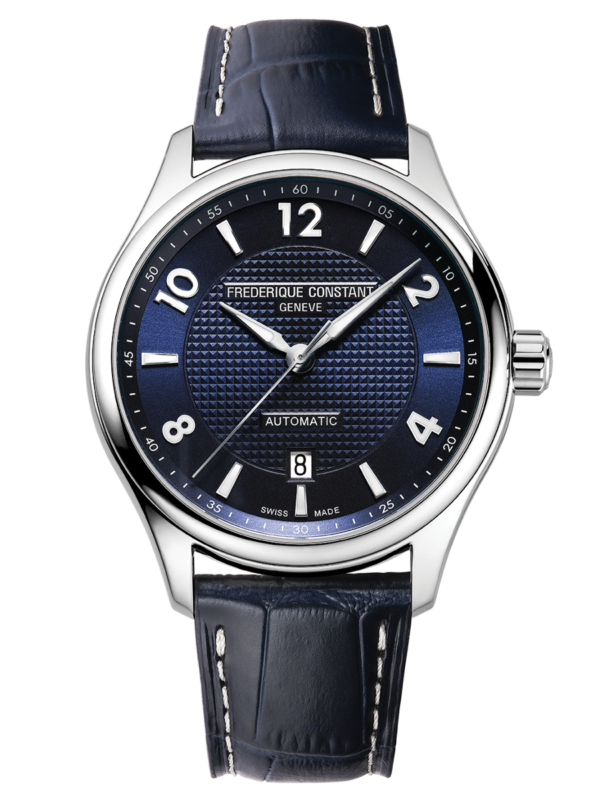 Runabout Automatic watch for man. Automatic movement, black dial with clous de Paris guilloché in the center, stainless-steel case and dark blue-grey leather strap with blue stitching