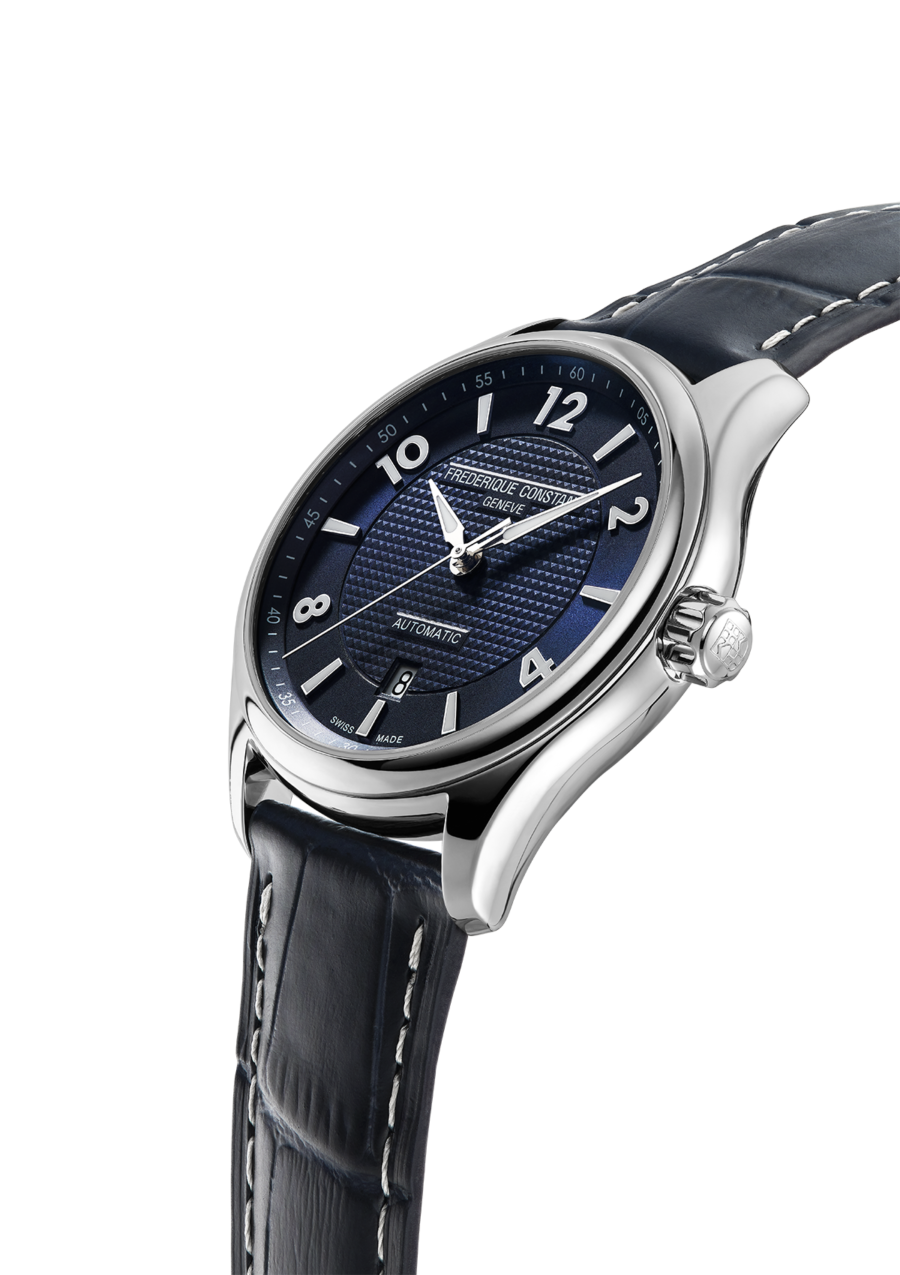 Runabout Automatic watch for man. Automatic movement, black dial with clous de Paris guilloché in the center, stainless-steel case and dark blue-grey leather strap with blue stitching