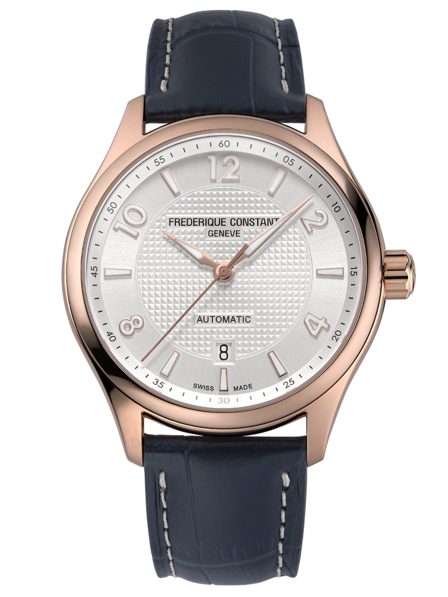 Runabout Automatic watch for man. Automatic movement, silver dial with clous de Paris guilloché in the center, rose-gold plated case and blue leather strap