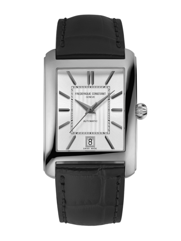 Classics Carrée Automatic watch for man. Automatic movement, silver dial, stainless-steel case, date window and black leather strap 