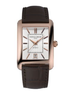 Classics Carrée Automatic watch for man. Automatic movement, silver dial, rose-gold plated case, date window and brown leather strap 