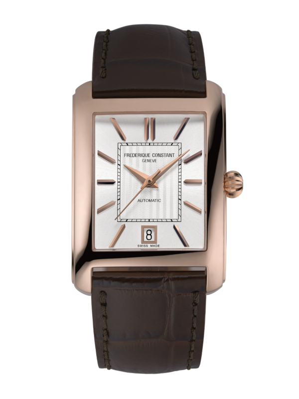 Classics Carrée Automatic watch for man. Automatic movement, silver dial, rose-gold plated case, date window and brown leather strap 