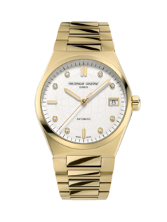 Highlife Ladies Automatic watch for woman. Automatic movement, white dial with 8 diamonds, yellow gold plated case, date window and yellow gold integrated and interchangeable bracelet