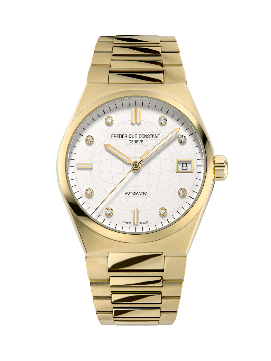 Highlife Ladies Automatic watch for woman. Automatic movement, white dial with 8 diamonds, yellow gold plated case, date window and yellow gold integrated and interchangeable bracelet