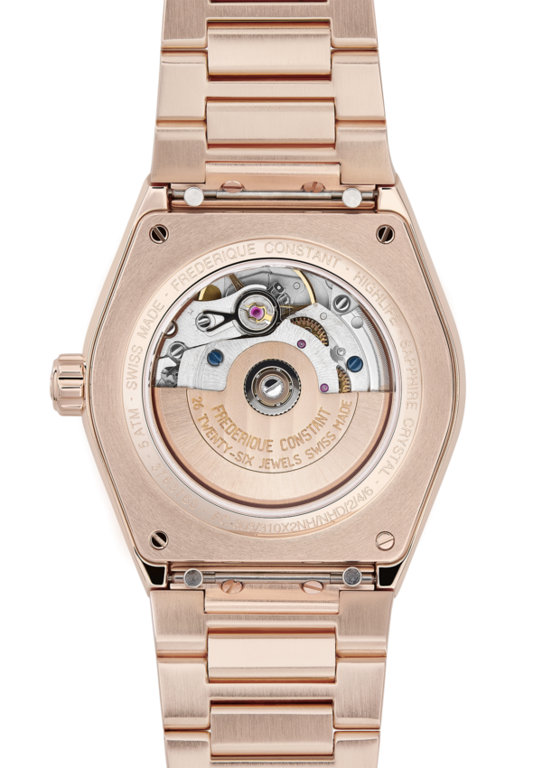Highlife Ladies Automatic watch for woman. Automatic movement, white dial with 8 diamonds, rose-gold plated case with 60 diamonds, date window and rose-gold plated integrated and interchangeable bracelet