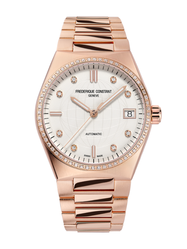 Highlife Ladies Automatic watch for woman. Automatic movement, white dial with 8 diamonds, rose-gold plated case with 60 diamonds, date window and rose-gold plated integrated and interchangeable bracelet