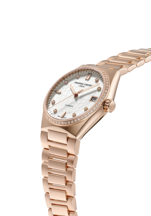 Highlife Ladies Automatic watch for woman. Automatic movement, white dial with 8 diamonds, rose-gold plated case with 60 diamonds, date window and rose-gold plated integrated and interchangeable bracelet