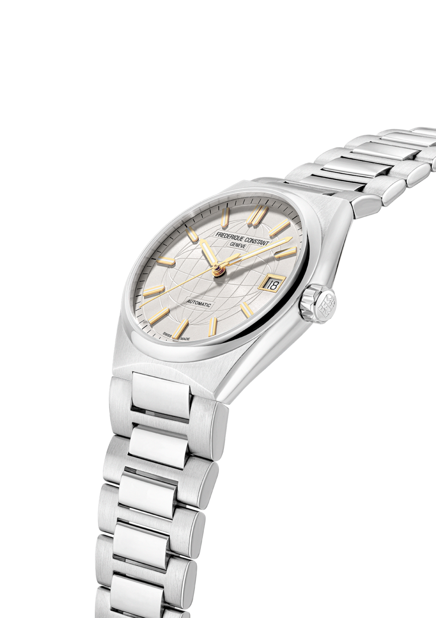 Highlife Ladies Automatic watch for woman. Automatic movement, white dial, stainless-steel case, date window and stainless-steel integrated and interchangeable bracelet