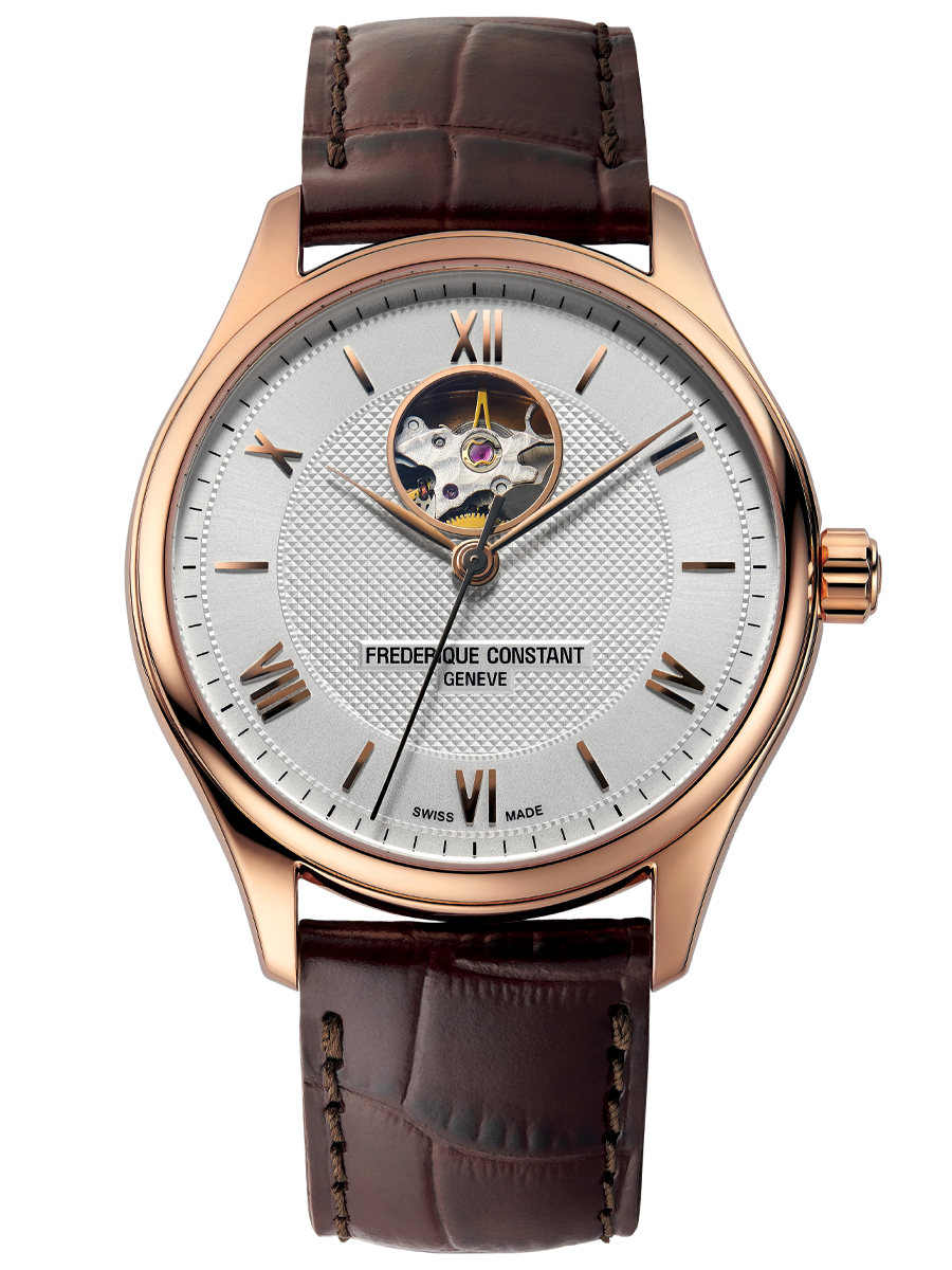 Classics Heart Beat Automatic watch for man. Automatic movement, white dial, rose-gold plated case, heart beat opening and brown leather strap 
