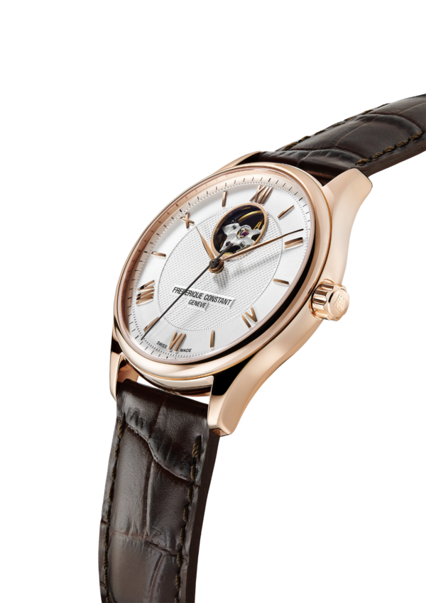 Classics Heart Beat Automatic watch for man. Automatic movement, white dial, rose-gold plated case, heart beat opening and brown leather strap