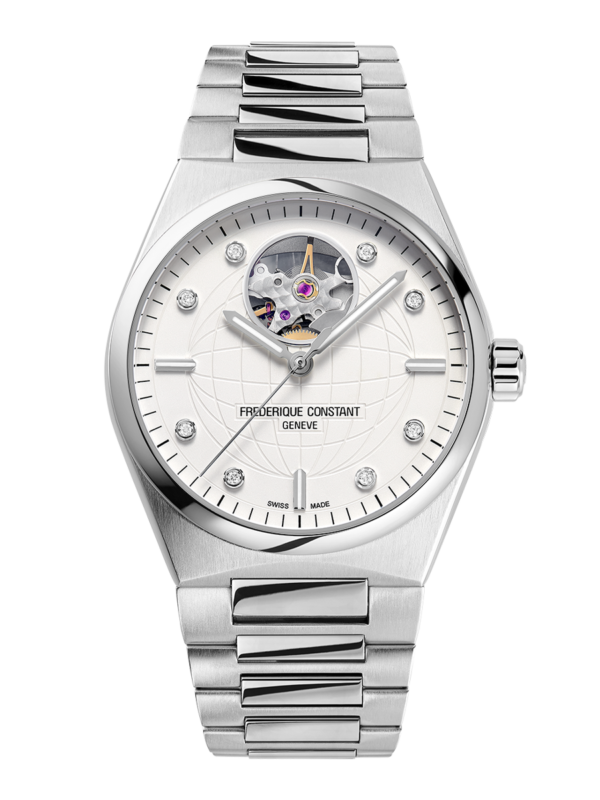 Highlife Ladies Automatic watch for woman. Automatic movement, white dial with 8 diamonds, stainless-steel case, heart beat opening and stainless-steel integrated and interchangeable bracelet