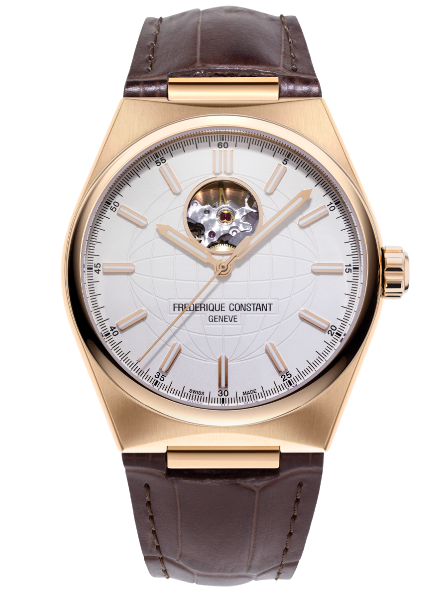 Highlife Automatic Heart Beat watch for man. Automatic movement, white dial, rose-gold plated case, heart beat opening and brown leather integrated and interchangeable strap