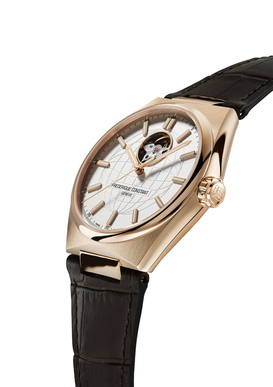 Highlife Automatic Heart Beat watch for man. Automatic movement, white dial, rose-gold plated case, heart beat opening and brown leather integrated and interchangeable strap