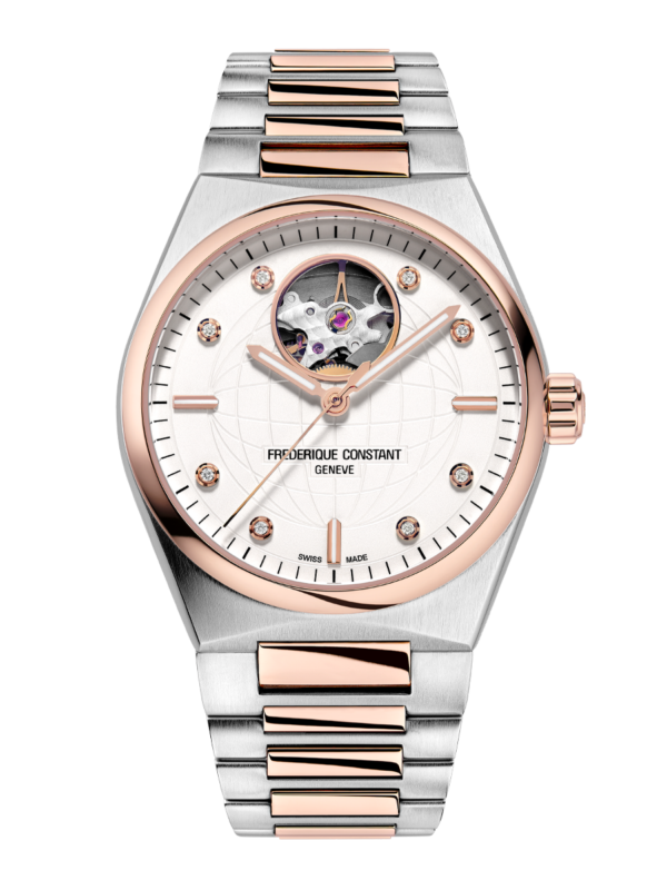 Highlife Ladies Automatic watch for woman. Automatic movement, white dial with 8 diamonds, stainless-steel and rose-gold plated bicolor case, heart beat opening and stainless-steel and rose-gold plated bicolor integrated and interchangeable bracelet