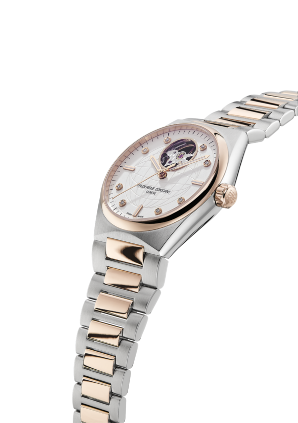 Highlife Ladies Automatic watch for woman. Automatic movement, white dial with 8 diamonds, stainless-steel and rose-gold plated bicolor case, heart beat opening and stainless-steel and rose-gold plated bicolor integrated and interchangeable bracelet