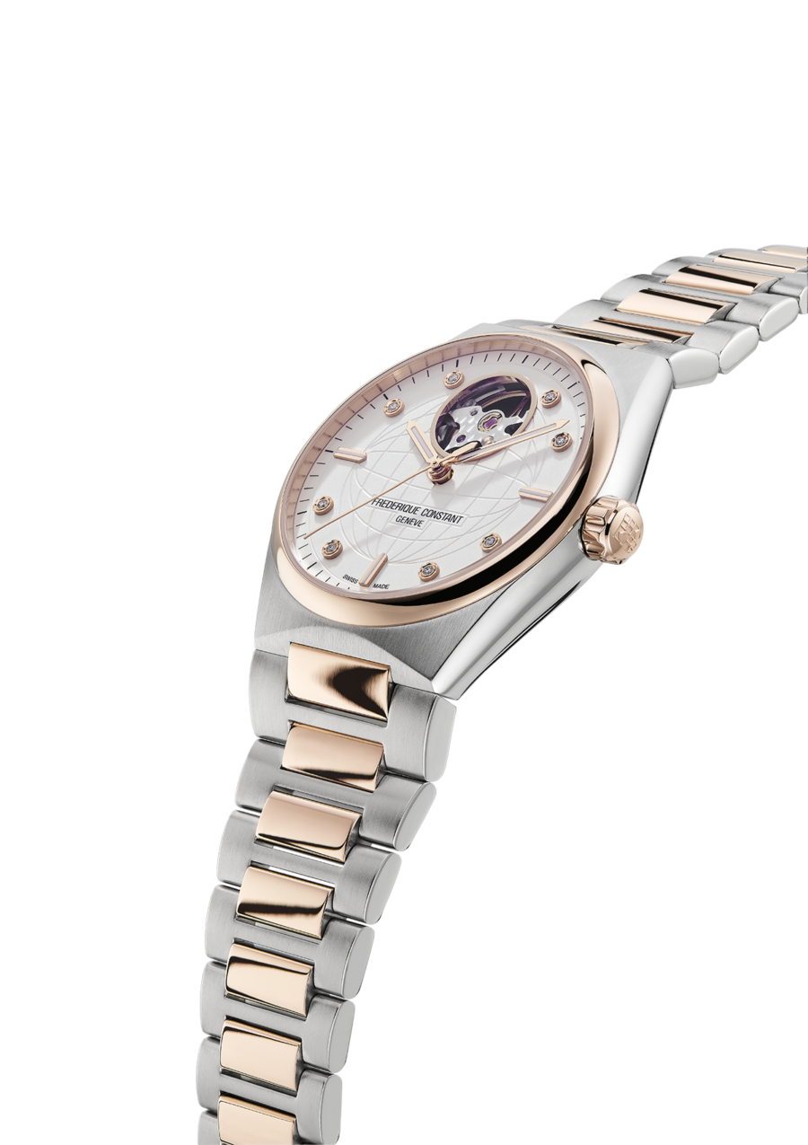  Highlife Ladies Automatic watch for woman. Automatic movement, white dial with 8 diamonds, stainless-steel and rose-gold plated bicolor case, heart beat opening and stainless-steel and rose-gold plated bicolor integrated and interchangeable bracelet