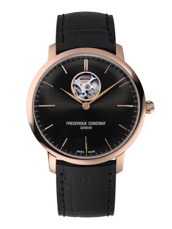 Slimline Heart Beat Automatic watch for man. Automatic movement, black dial, rose-gold plated case, heart beat opening and black leather strap