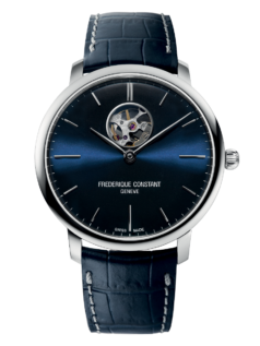 Slimline Heart Beat Automatic watch for man. Automatic movement, blue dial, stainless-steel case, heart beat opening and blue leather strap