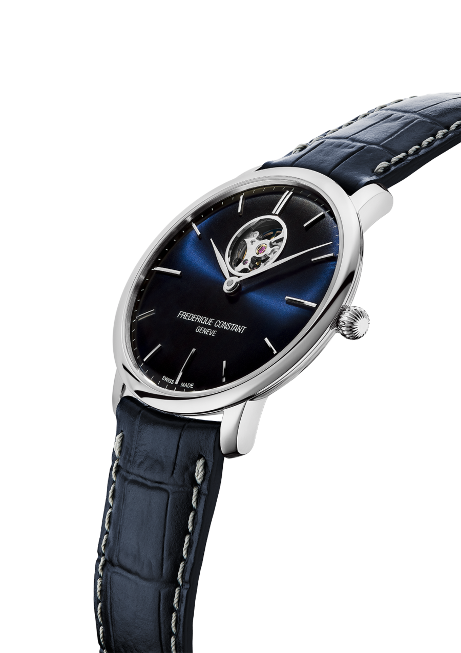 Slimline Heart Beat Automatic watch for man. Automatic movement, blue dial, stainless-steel case, heart beat opening and blue leather strap