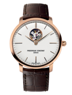 Slimline Heart Beat Automatic watch for man. Automatic movement, silver dial, rose-gold plated case, heart beat opening and brown leather strap
