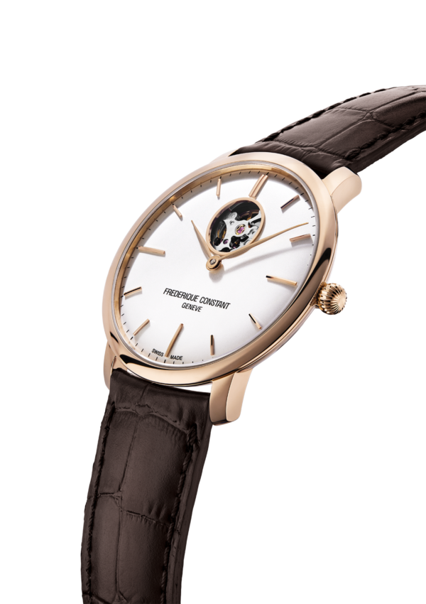 Slimline Heart Beat Automatic watch for man. Automatic movement, silver dial, rose-gold plated case, heart beat opening and brown leather strap