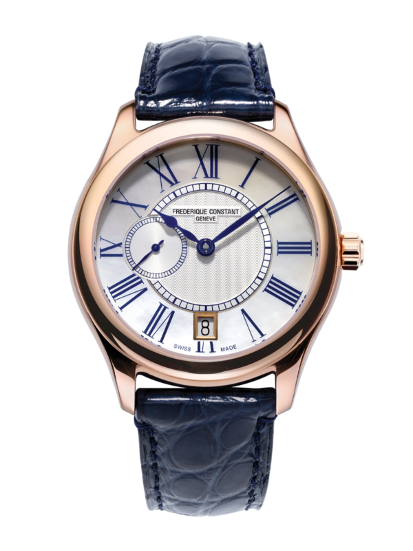 Ladies Automatic Small Seconds watch for woman. Automatic movement, white mother of pearl dial, rose-gold plated case, date window, small seconds counter and blue leather strap