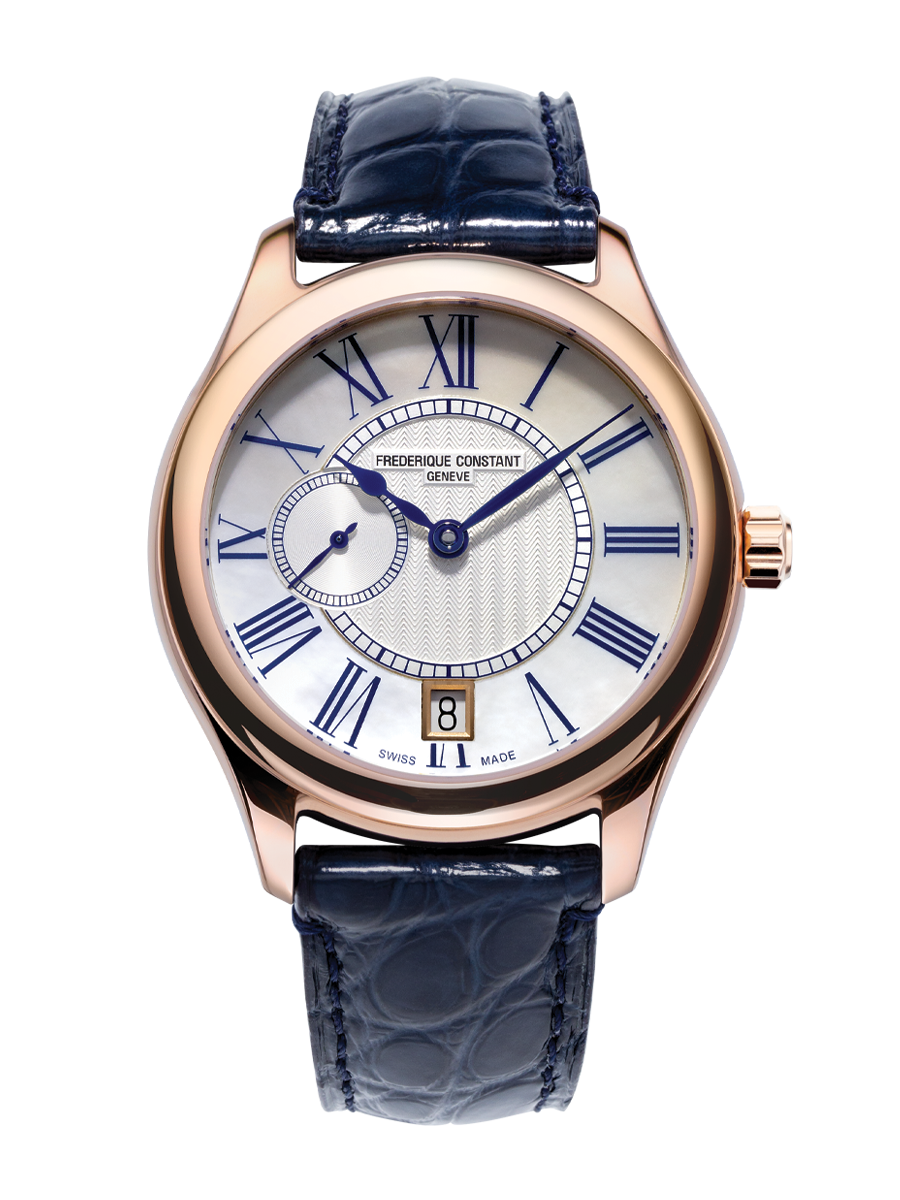 Ladies Automatic Small Seconds watch for woman. Automatic movement, white mother of pearl dial, rose-gold plated case, date window, small seconds counter and blue leather strap