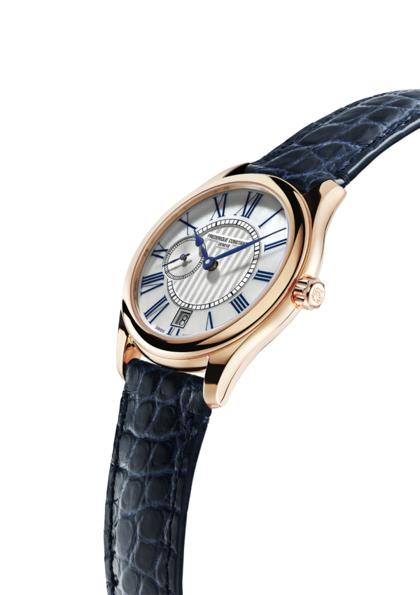 Ladies Automatic Small Seconds watch for woman. Automatic movement, white mother of pearl dial, rose-gold plated case, date window, small seconds counter and blue leather strap