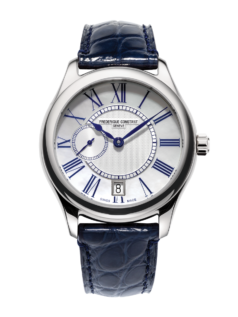  Ladies Automatic Small Seconds watch for woman. Automatic movement, white mother of pearl dial, stainless-steel case, date window, small seconds counter and blue leather strap