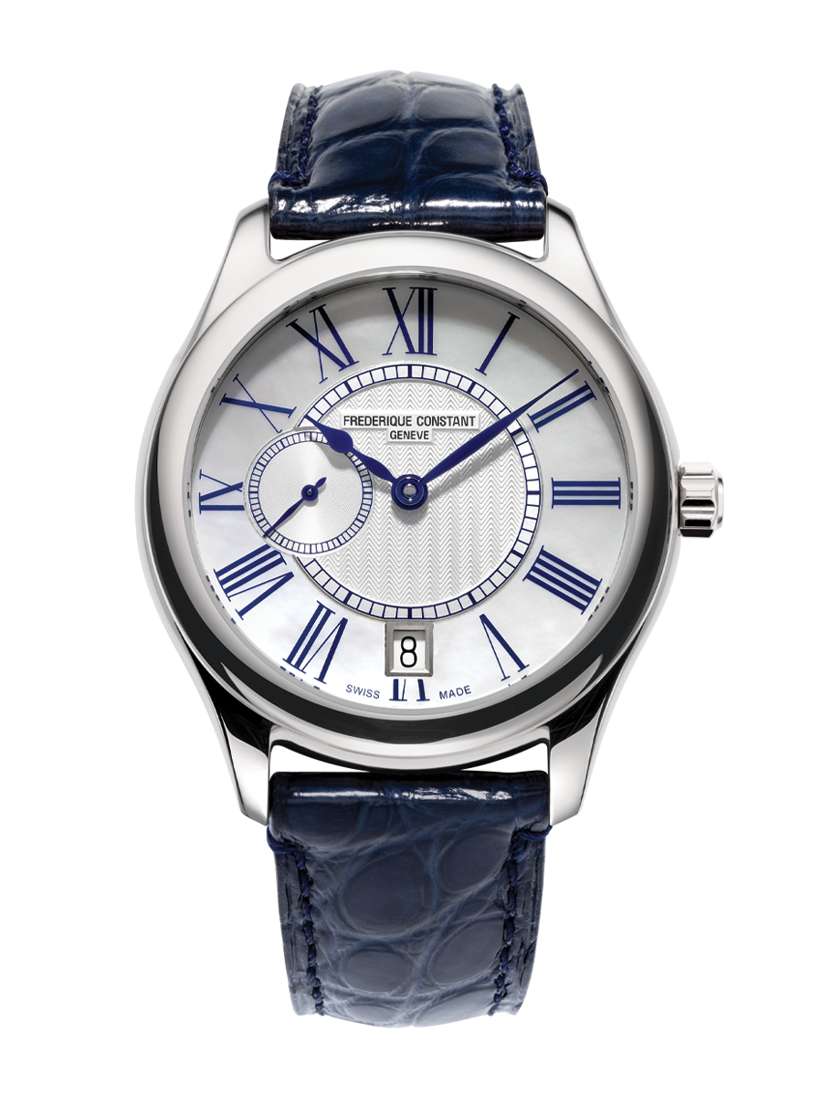 Ladies Automatic Small Seconds watch for woman. Automatic movement, white mother of pearl dial, stainless-steel case, date window, small seconds counter and blue leather strap