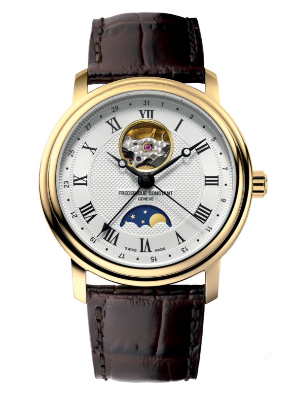 Classic Heart Beat Moonphase Date watch for man. Automatic movement, white dial, yellow gold plated case, heart beat opening, moonphase and brown leather strap