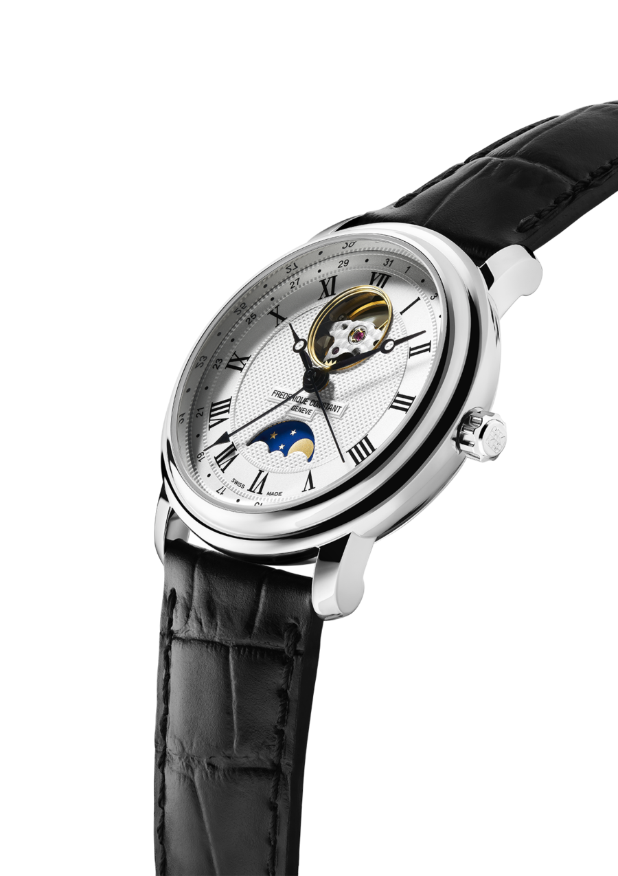 Classics Heart Beat Moonphase Date watch for man.  Automatic movement, white dial, stainless-steel case, heart beat opening, moonphase and black leather strap