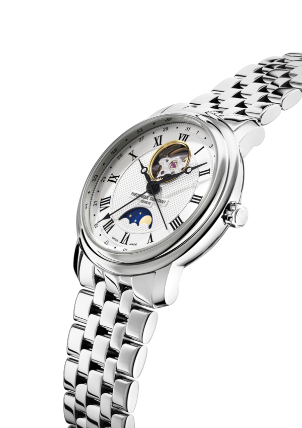 Classics Heart Beat Moonphase Date watch for man. Automatic movement, white dial, stainless-steel case, heart beat opening, moonphase and stainless-steel bracelet