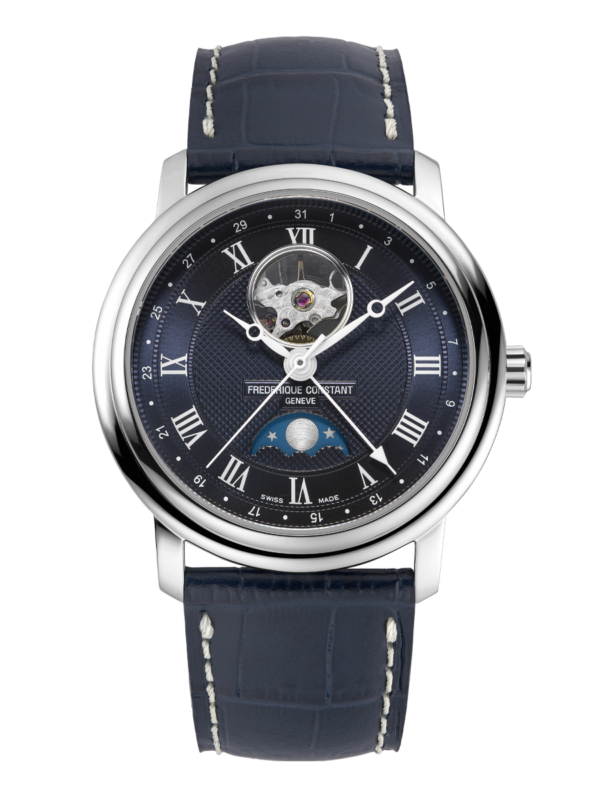 Classics Heart Beat Moonphase Date watch for man. Automatic movement, blue dial, stainless-steel case, heart beat opening, moonphase and blue leather strap