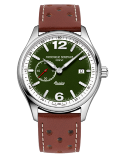 Vintage Rally Healey Automatic Small Seconds watch for man.   Automatic movement, green dial, stainless-steel case, date window, seconds counter and brown leather strap