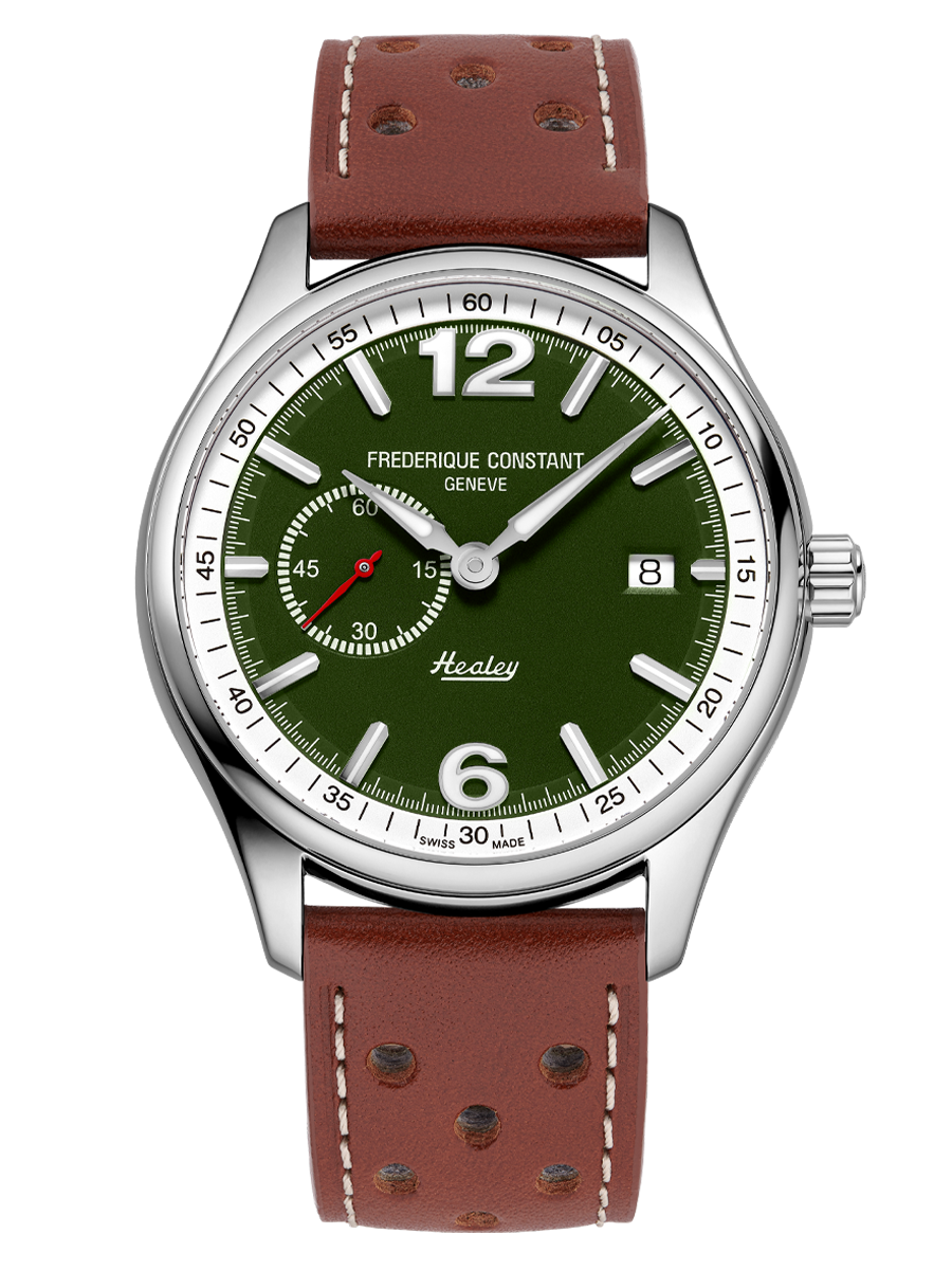 Vintage Rally Healey Automatic Small Seconds watch for man.   Automatic movement, green dial, stainless-steel case, date window, seconds counter and brown leather strap
