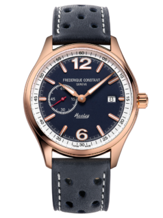 Vintage Rally Healey Automatic Small Seconds watch for man.   Automatic movement, blue dial, rose-gold plated case, date window, seconds counter and blue leather strap