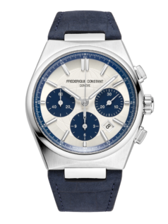 Highlife Chronograph Automatic watch for men. Automatic movement, panda white and blue dial, stainless-steel case, date window, chronograph and blue leather integrated and interchangeable strap