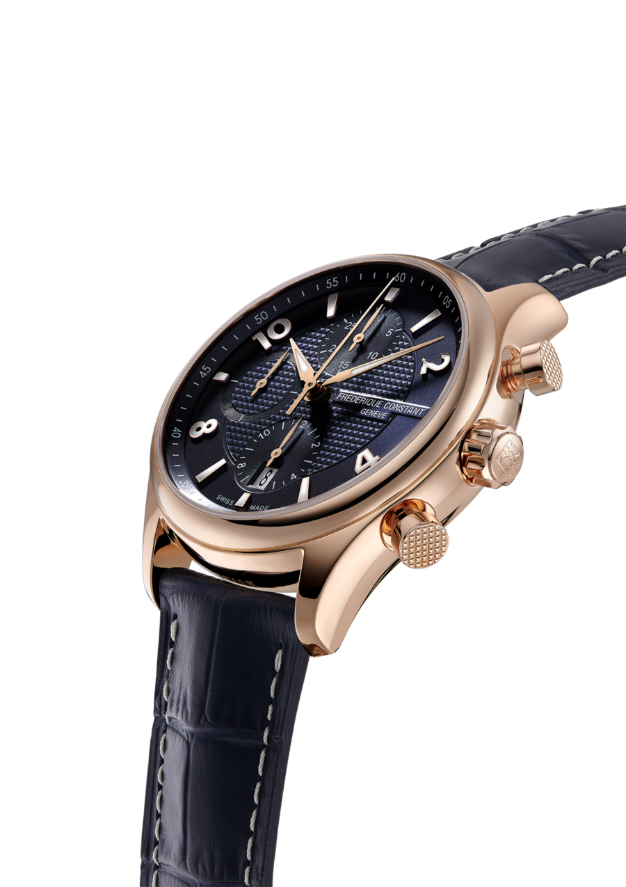  Runabout Chronograph Automatic watch for man. Automatic movement, blue dial, rose-gold plated case, date window, chronograph and blue leather strap