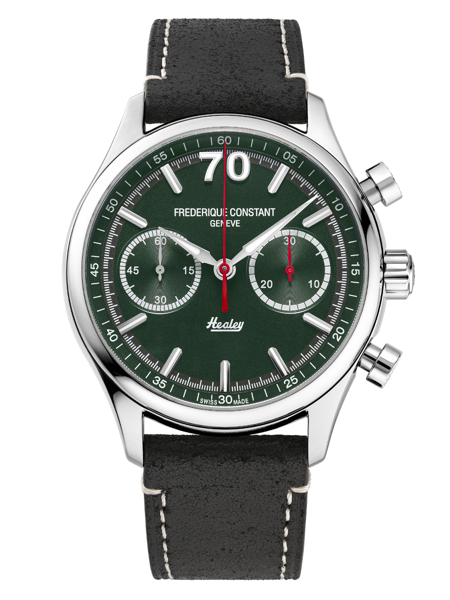 Vintage Rally Healey Chronograph Automatic Limited edition Watch for men. Automatic movement, green dial, stainless-steel case, chronograph and black leather strap