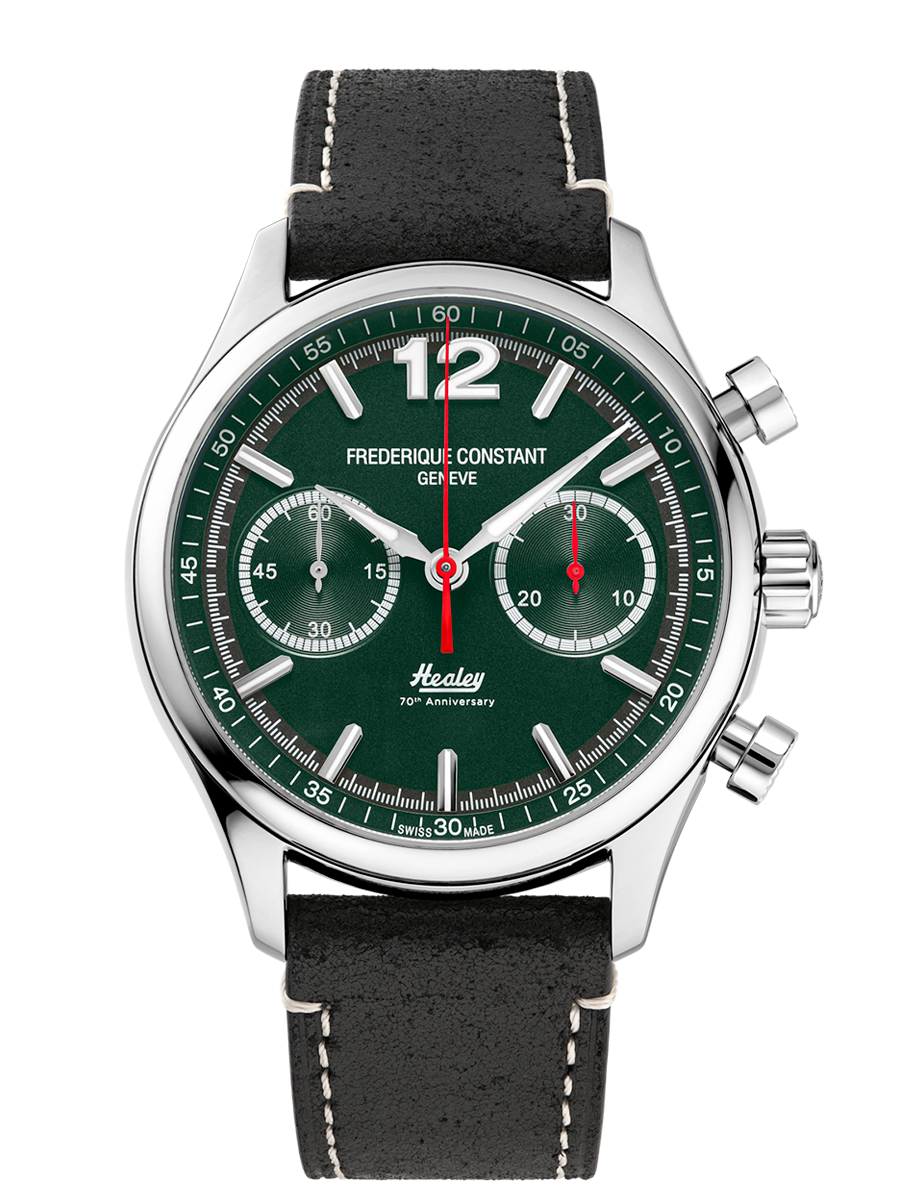 Vintage Rally Healey Chronograph Automatic Limited edition Watch for men. Automatic movement, green dial, stainless-steel case, chronograph and black leather strap