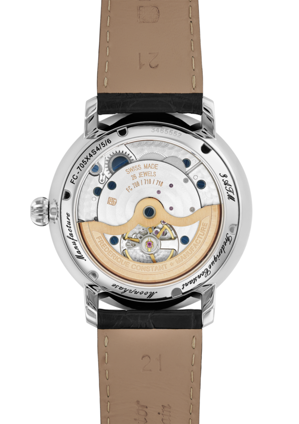 Constant Slimline Moonphase Manufacture watch for man.   Automatic movement, white dial, stainless-steel case, date counter, moonphase and black leather strap