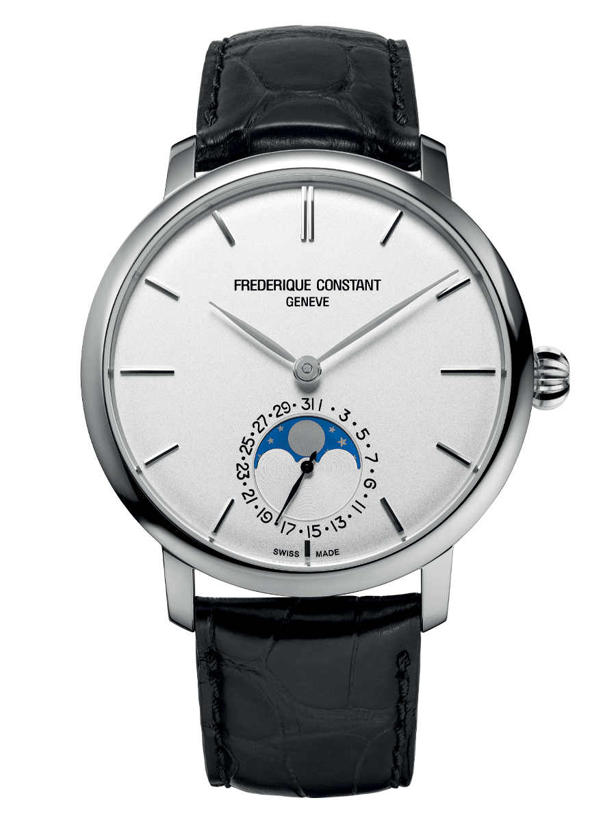 Constant Slimline Moonphase Manufacture watch for man.   Automatic movement, white dial, stainless-steel case, date counter, moonphase and black leather strap
