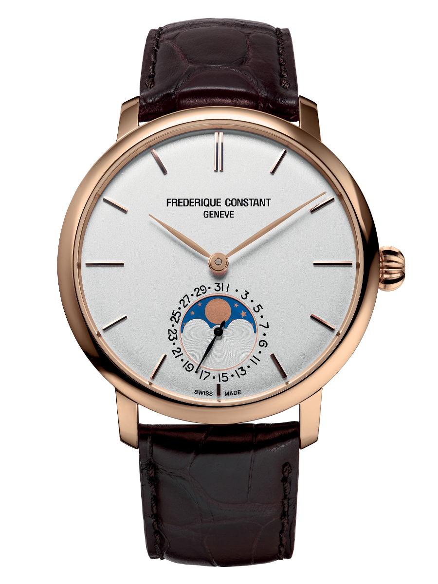 Constant Slimline Moonphase Manufacture watch for man.   Automatic movement, white dial, rose-gold plated case, date counter, moonphase and brown leather strap