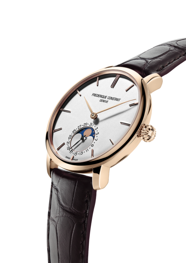 Constant Slimline Moonphase Manufacture watch for man.   Automatic movement, white dial, rose-gold plated case, date counter, moonphase and brown leather strap