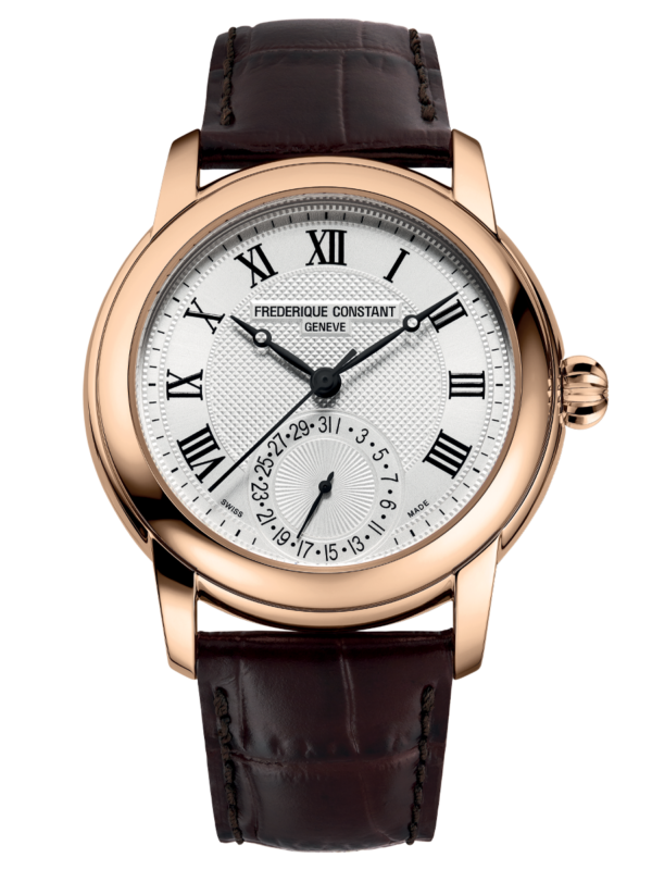 Classic Manufacture watch for man. Automatic movement, white dial, rose-gold plated case, date counter and brown leather strap