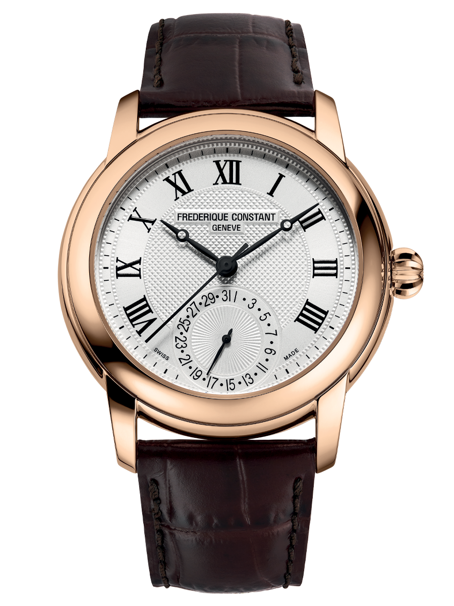 Classic Manufacture watch for man. Automatic movement, white dial, rose-gold plated case, date counter and brown leather strap