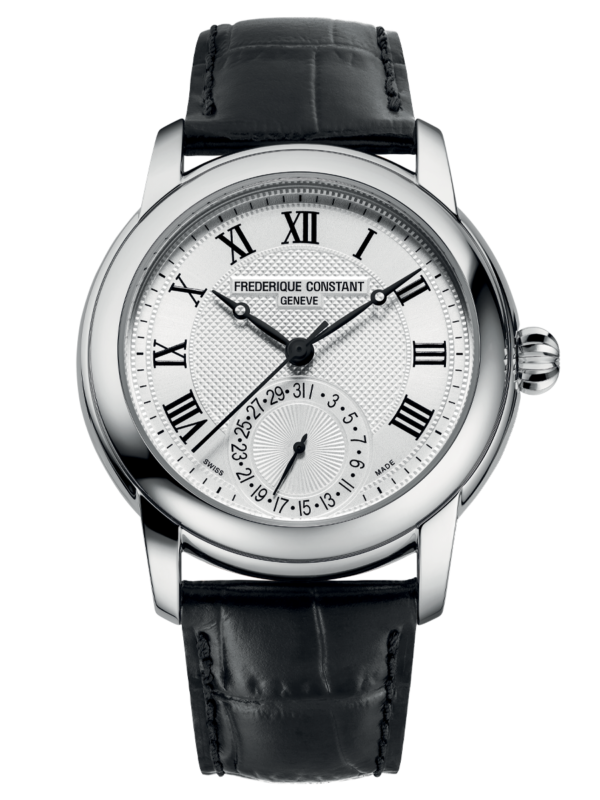 Classic Manufacture watch for man. Automatic movement, white dial, stainless-steel case, date counter and black leather strap